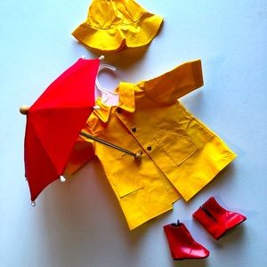 American Girl rain coat, umbrella, hat, and boots.